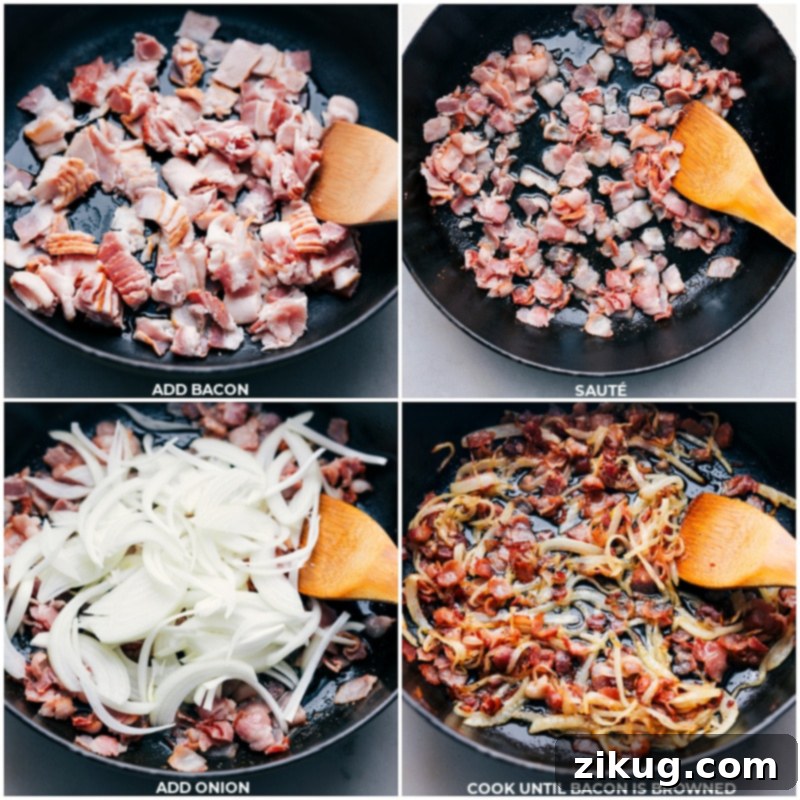 Process shots showing the crispy bacon being cooked in a large skillet, followed by the addition of thinly sliced onions caramelizing alongside the bacon.
