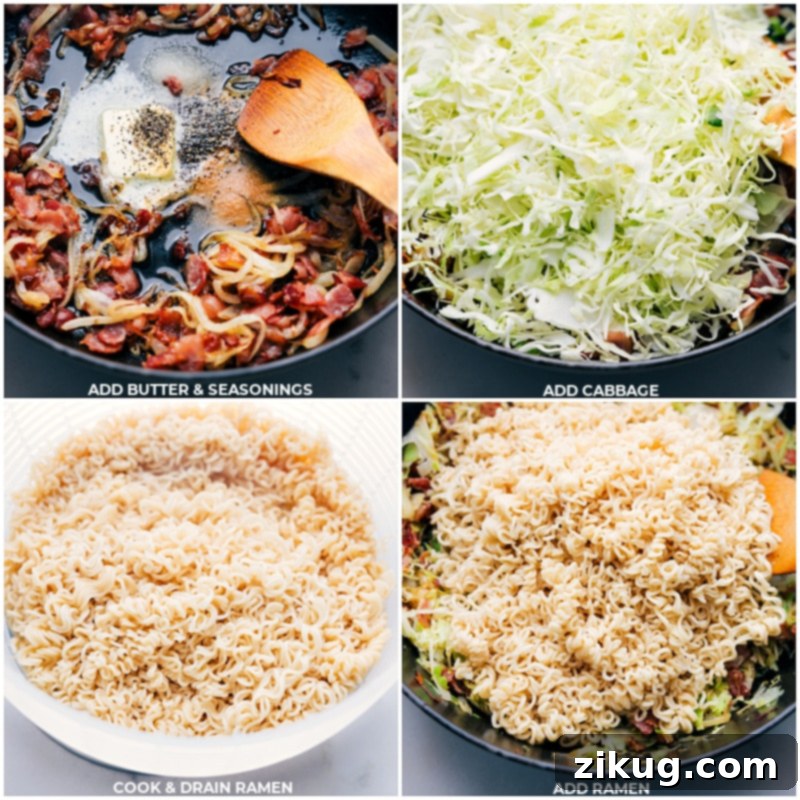 Process shots of Fried Cabbage Ramen in a large skillet, showing shredded cabbage wilting with cooked bacon and onions, followed by the addition of freshly cooked ramen noodles.