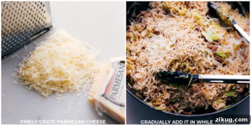 Close-up process shots of Fried Cabbage Ramen being tossed in a skillet, with grated Parmesan cheese being gradually added to create a creamy sauce.