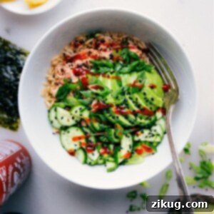 The finished 15-minute Spicy Tuna Rice Bowl ready to be enjoyed.