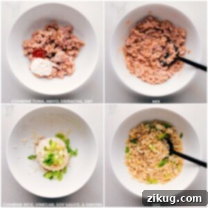 Mixing cooked rice with rice vinegar, soy sauce, salt, pepper, and green onion whites to create a flavorful base for the tuna bowl.