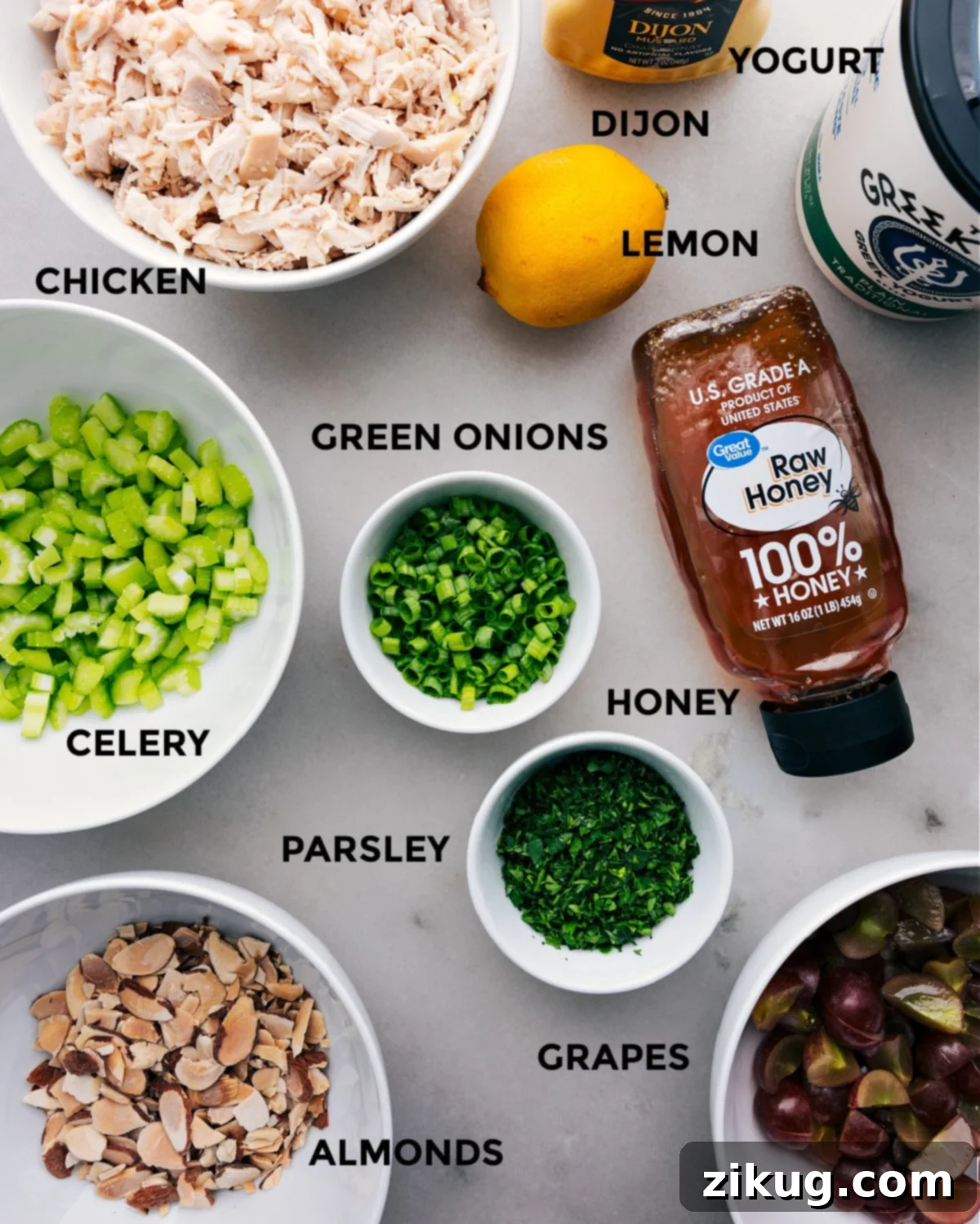 All the fresh ingredients for this healthy chicken salad recipe prepped and laid out for easy assembly.