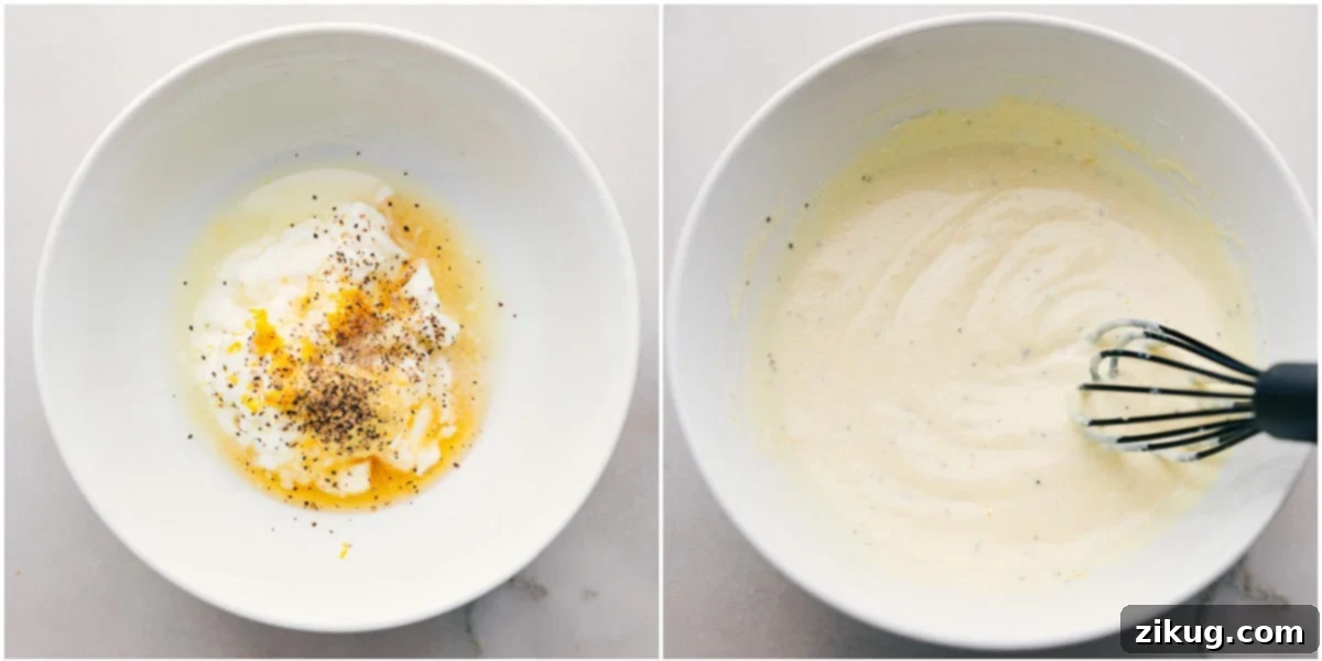 The creamy, mayo-free dressing for this Healthy Chicken Salad Recipe being whisked together in a bowl.