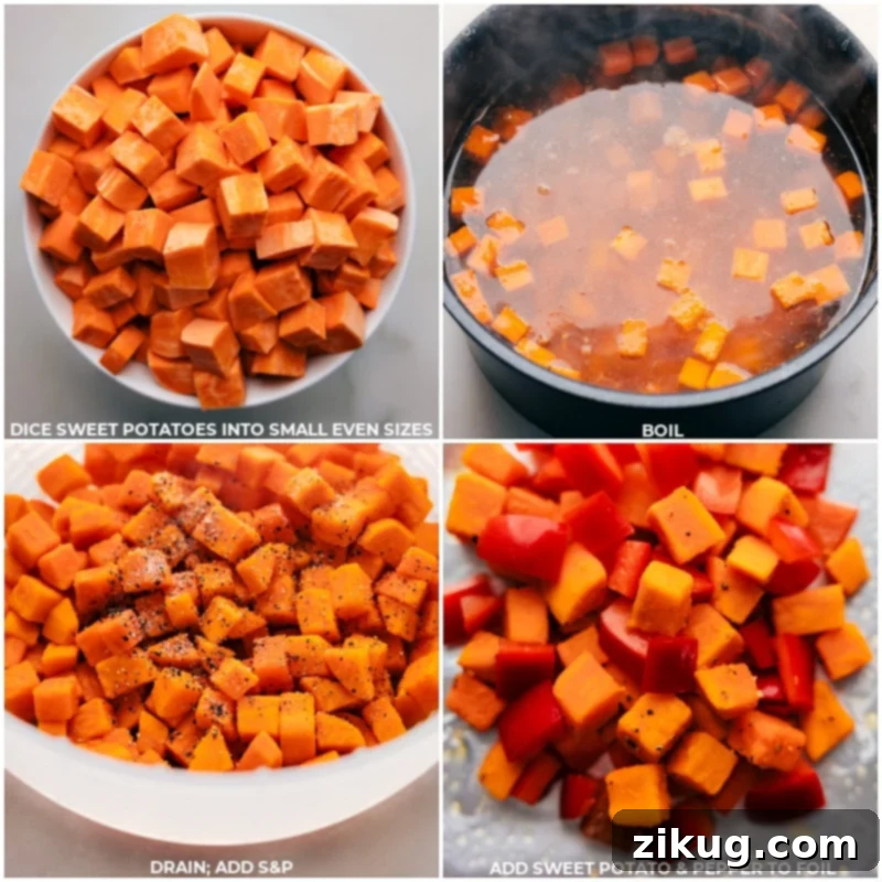 Creamy Sweet Potato and Sausage in Foil Packs: featuring tender sweet potatoes, smoky sausage, and a luscious, savory cream sauce! Recipe via chelseasmessyapron #dinner #quick #easy #simple #familyfriendly #kidfriendly #campingfood #campingdinner #creamy #sweetpotato #sausage #foilpack Process shots of Creamy Sweet Potato and Sausage—images of the sweet potato being boiled and then being added to the foil packets with red bell peppers, showing careful preparation.