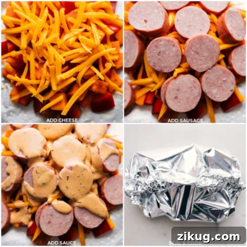 Delicious Creamy Sweet Potato and Sausage in Foil Packs: featuring tender sweet potatoes, smoky sausage, and a luscious, savory cream sauce! These foil packs are bursting with flavor and sure to become a new favorite in your household. The best part? Cleanup is a breeze! Recipe via chelseasmessyapron #dinner #quick #easy #simple #familyfriendly #kidfriendly #campingfood #campingdinner #creamy #sweetpotato #sausage #foilpack Process shots of the rest of the ingredients being layered in the foil along with the cream sauce and it all being sealed up, demonstrating the assembly process.