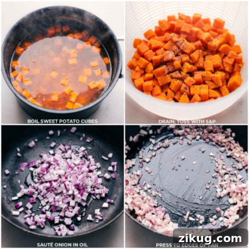 Taco Sweet Potato Foil Packets! Cooked to perfection either in the oven or on the grill, this delicious and wholesome meal is perfect for busy weeknights or relaxed weekends. Recipe via chelseasmessyapron #dinner #quick #easy #simple #familyfriendly #kidfriendly #healthy #lowcarb taco #sweetpotato #foilpackets Two process shots showing the sweet potato cubes being boiled in a large pot and diced red onions sautéing in a pan for the foil packet filling.