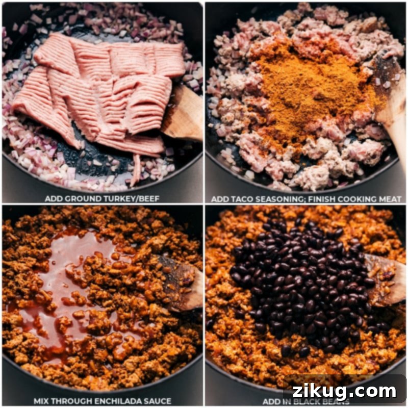 Mouth-watering blend of sweet potatoes and taco-seasoned meat in these easy-to-prepare Taco Sweet Potato Foil Packets. Cooked to perfection either in the oven or on the grill, this delicious and wholesome meal is perfect for busy weeknights or relaxed weekends. Recipe via chelseasmessyapron #dinner #quick #easy #simple #familyfriendly #kidfriendly #healthy #lowcarb taco #sweetpotato #foilpackets Process shots illustrating the browning of ground turkey in a pan, followed by the addition of taco seasoning, enchilada sauce, and black beans, creating a rich taco filling.