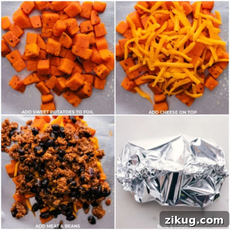 Sweet potatoes and taco-seasoned meat in these easy-to-prepare Taco Sweet Potato Foil Packets. Cooked to perfection either in the oven or on the grill, this delicious and wholesome meal is perfect for busy weeknights or relaxed weekends. Recipe via chelseasmessyapron #dinner #quick #easy #simple #familyfriendly #kidfriendly #healthy #lowcarb taco #sweetpotato #foilpackets A close-up view of foil packets being carefully layered with sweet potatoes, cheese, and taco meat, then sealed securely for cooking.