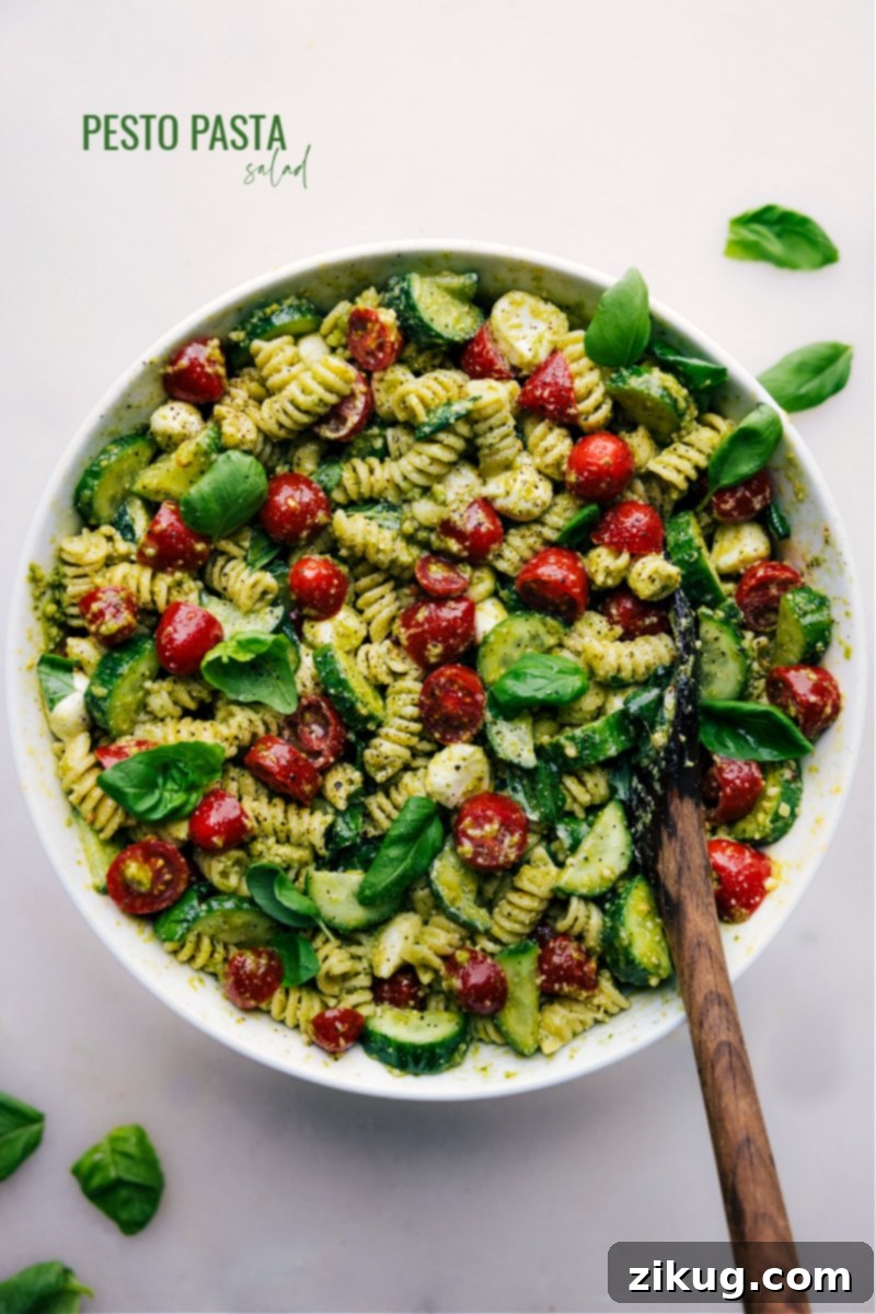 This irresistible Pesto Pasta Salad combines rotini pasta, juicy cherry tomatoes, crisp cucumbers, and creamy mozzarella pearls, all tossed in a luscious, herbaceous basil pesto dressing. The creamy dressing is what takes this salad to the next level, with its tangy notes of mayo, sour cream, and dijon mustard, perfectly balanced by the bright, zesty flavor of fresh basil-pesto and lemon juice. This salad is easy to make and sure to be a hit wherever it's served! Recipe via chelseasmessyapron #dinner #quick #easy #simple #familyfriendly #kidfriendly #sidedish #noodles #bbq #pesto #pastasalad Overhead image of the Pesto Pasta Salad, showcasing its vibrant ingredients and inviting presentation.