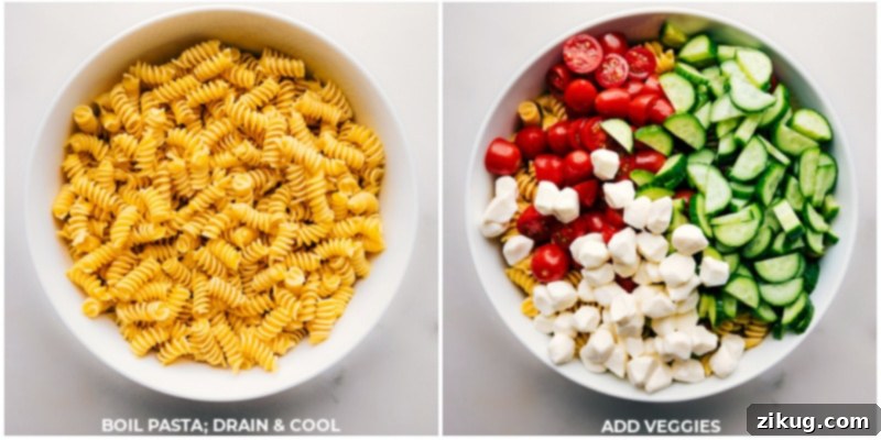 This irresistible Pesto Pasta Salad combines rotini pasta, juicy cherry tomatoes, crisp cucumbers, and creamy mozzarella pearls, all tossed in a luscious, herbaceous basil pesto dressing. The creamy dressing is what takes this salad to the next level, with its tangy notes of mayo, sour cream, and dijon mustard, perfectly balanced by the bright, zesty flavor of fresh basil-pesto and lemon juice. Recipe via chelseasmessyapron #dinner #quick #easy #simple #familyfriendly #kidfriendly #sidedish #noodles #bbq #pesto #pastasalad Process shots of Pesto Pasta Salad, showing cooked pasta being combined with cherry tomatoes, cucumbers, and mozzarella pearls in a large bowl.