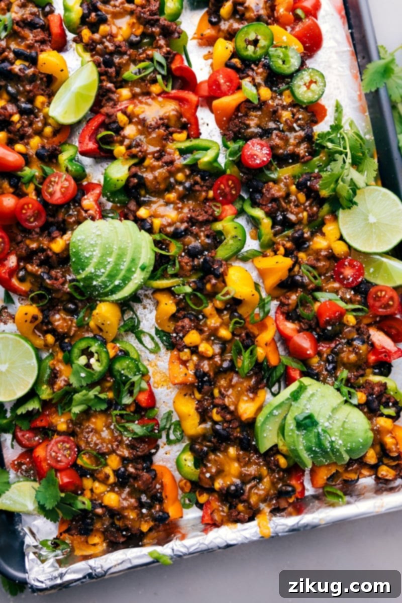 Overhead image of the Bell Pepper Nachos, showcasing colorful peppers, seasoned meat, and melted cheese