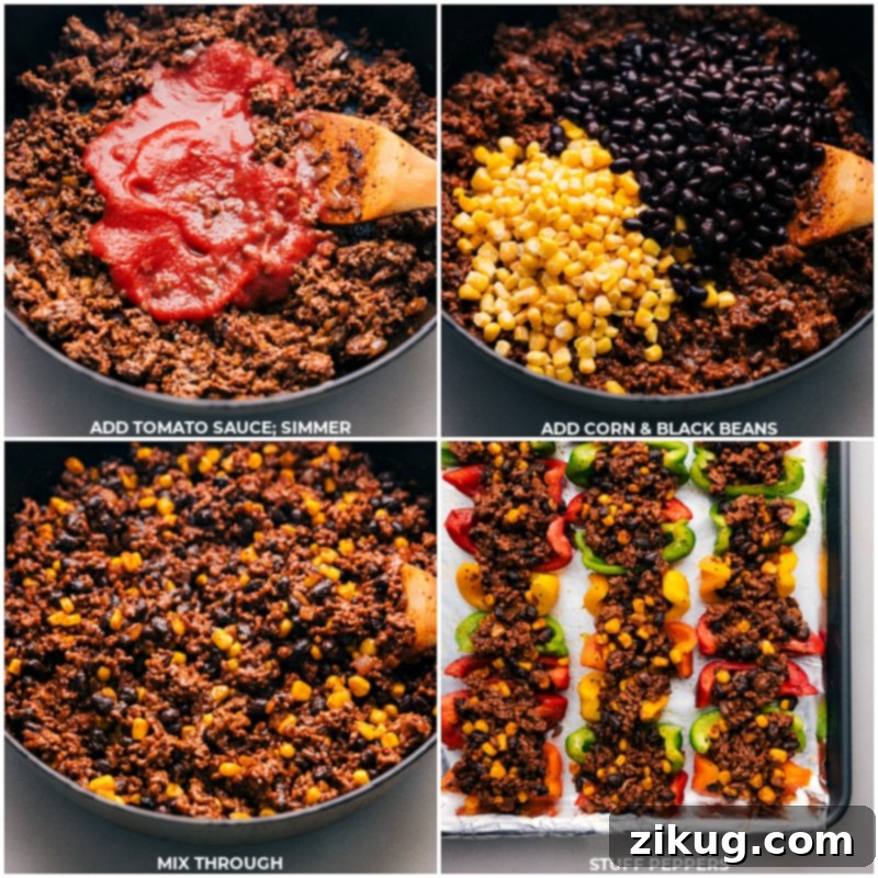 Process shots showing tomato sauce simmering and corn and black beans being added to the meat mixture