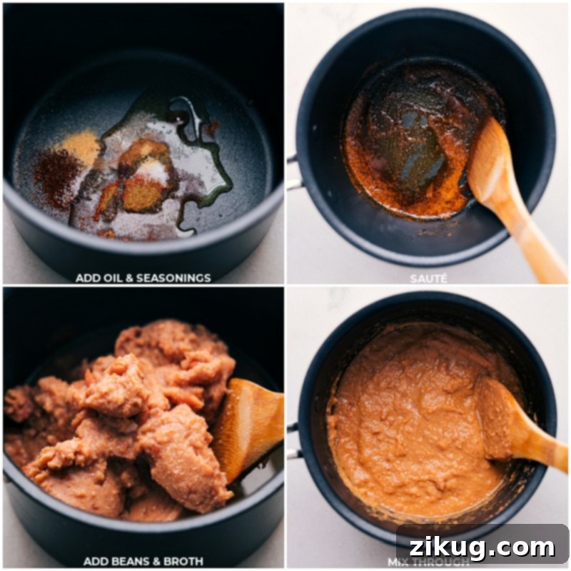 Step-by-Step Preparation: Seasoning the Refried Beans for Ultimate Flavor Process shots of Bean and Cheese Burritos illustrating sautéing seasonings and adding beans
