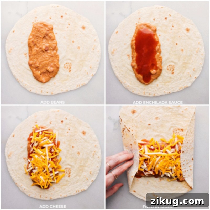 Assembling Your Bean and Cheese Burritos with Perfect Layers Process shots showing layering of beans, enchilada sauce, and cheese in tortillas