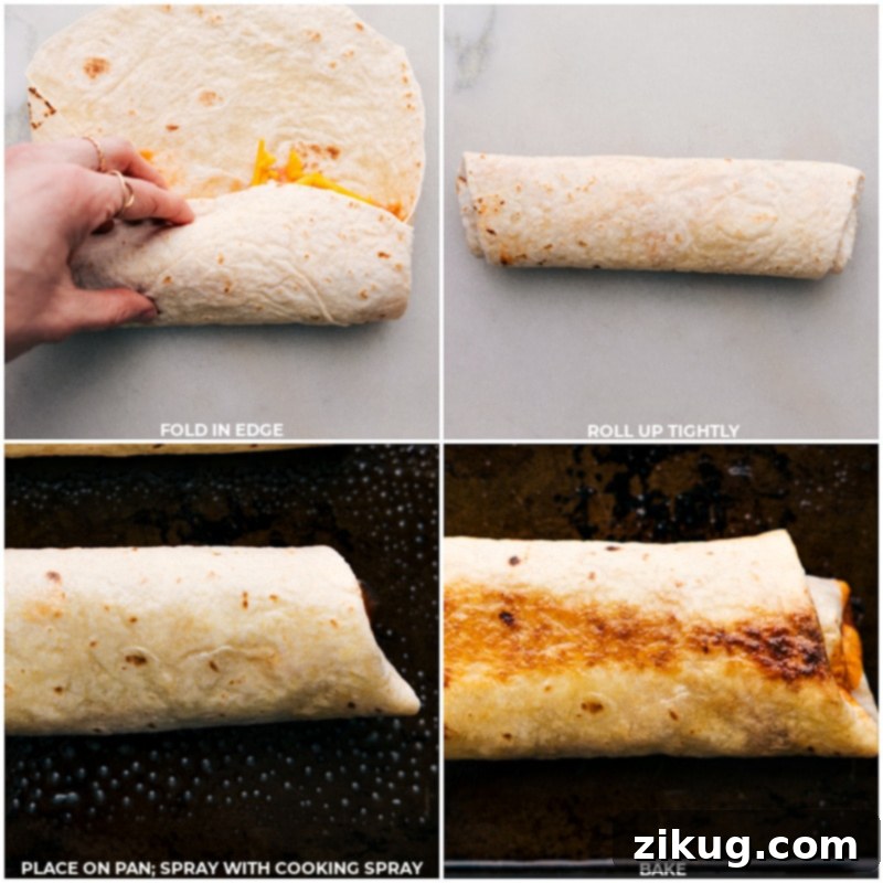 The Art of Folding and Baking the Perfect Bean and Cheese Burrito Process shots of a bean and cheese burrito being folded and baked