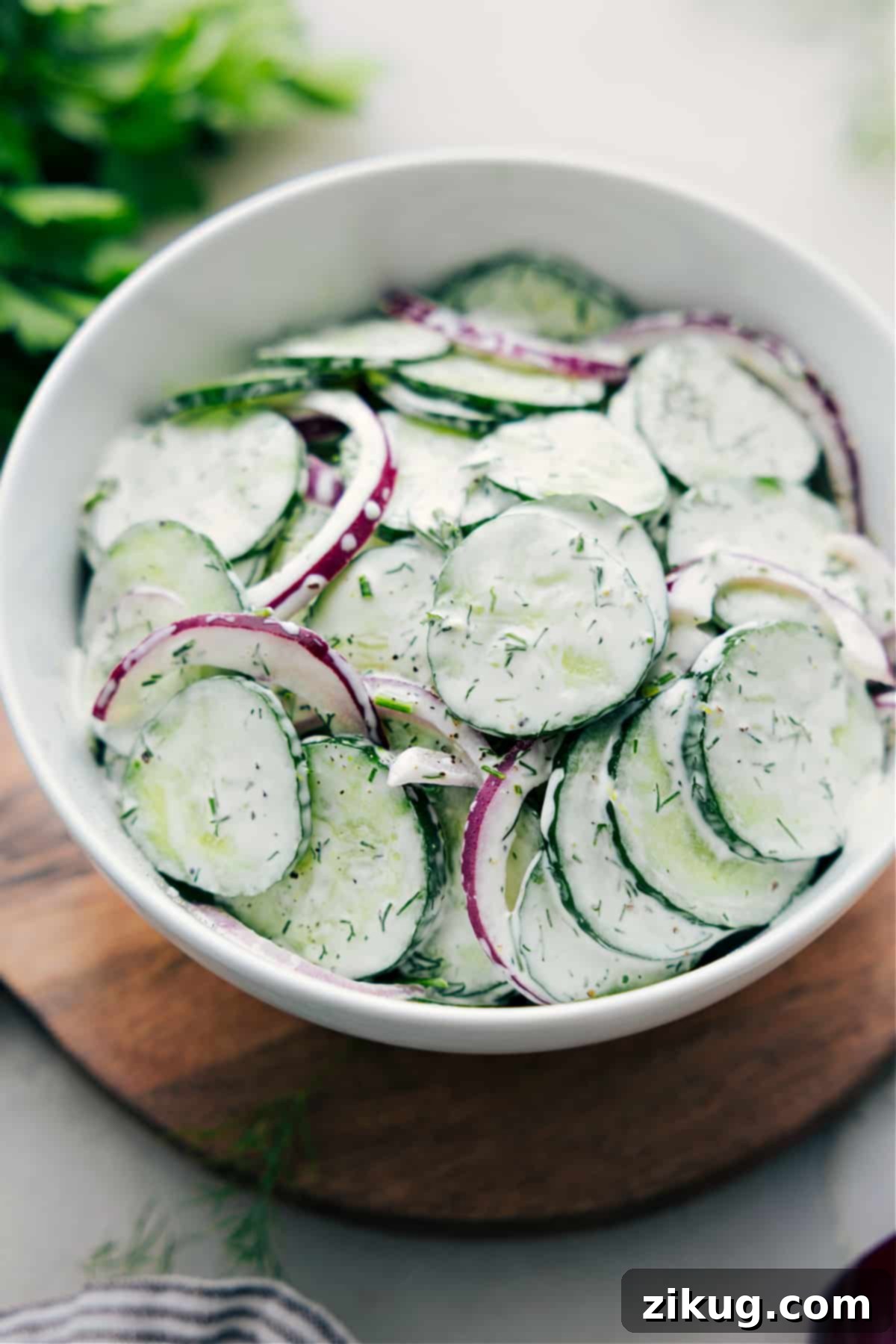The Best Creamy Cucumber Salad Recipe: A Summer Essential A beautifully presented bowl of creamy cucumber salad, garnished with fresh dill, ready to be served.
