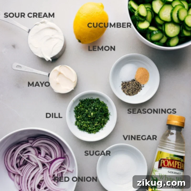 Fresh Ingredients for the Best Creamy Cucumber Salad All the fresh ingredients for creamy cucumber salad, neatly prepped and arranged for easy cooking.