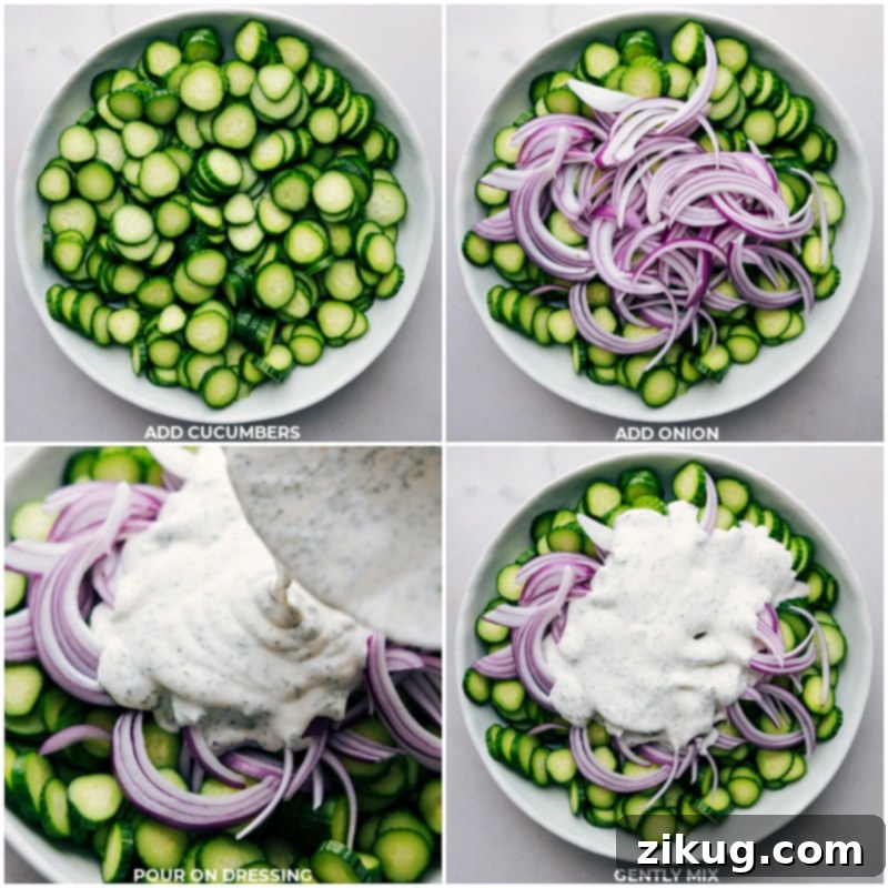 Easy Creamy Cucumber Salad: Mixing the Ingredients Combining thinly sliced cucumbers and red onion with the creamy dressing in a large bowl, ready for mixing.