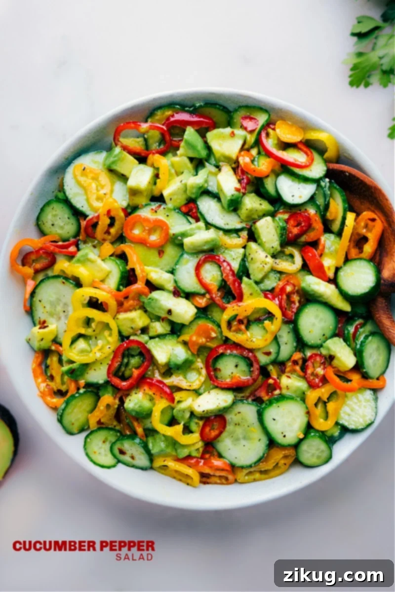 A refreshing Cucumber Pepper Salad, beautifully dressed and ready to be served in a rustic bowl.