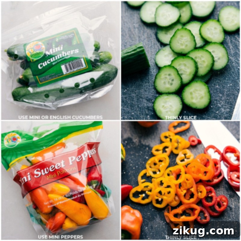 Fresh cucumbers and colorful mini peppers being meticulously chopped on a cutting board, ready for the salad.