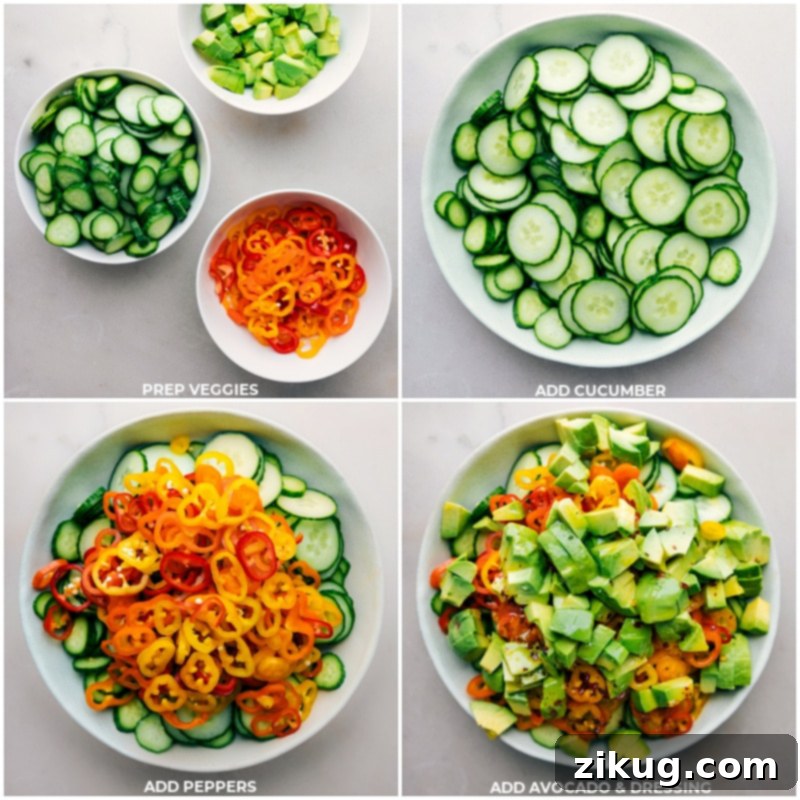 All the freshly chopped cucumbers, mini peppers, and diced avocados being gently combined in a large bowl, with the zesty dressing being poured over for the perfect mix.