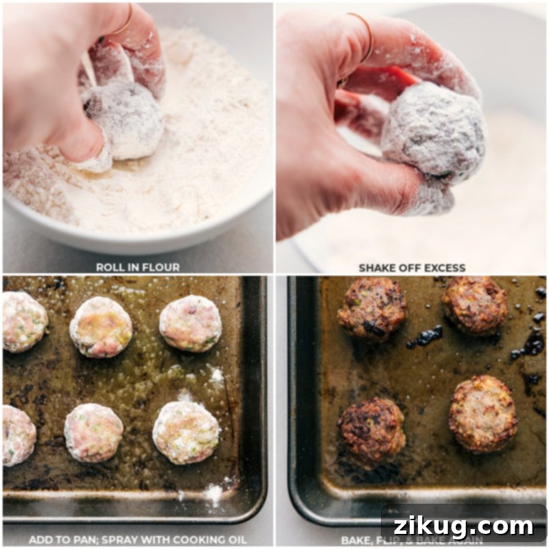 Mediterranean Meatball Bowls 4 Process images illustrating the steps to prepare Greek Meatball Bowls, including rolling each meatball in flour, lightly spraying with cooking spray, and arranging on a baking sheet before baking.