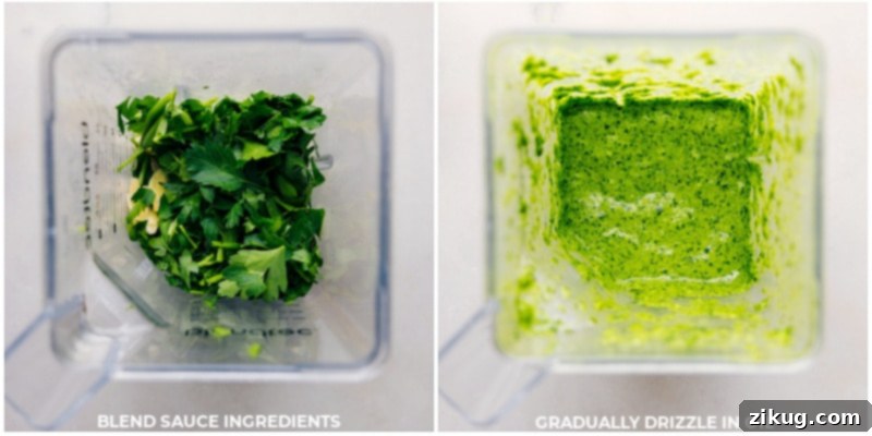 Mediterranean Meatball Bowls 5 Process images showing the preparation of the vibrant Lemon-Herb Sauce for Greek Meatball Bowls, illustrating the blending of fresh ingredients.