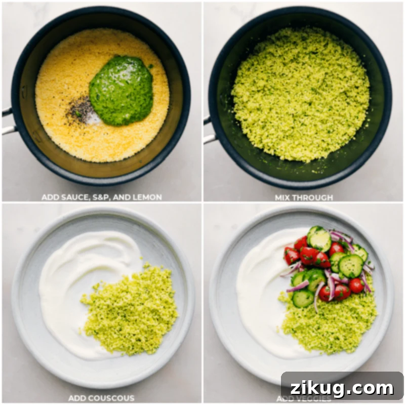 Mediterranean Meatball Bowls 8 Process images illustrating the assembly of Greek Meatball Bowls, specifically showing the seasoned dressing being added to the couscous, and the layering of couscous and fresh vegetables into the serving bowls.