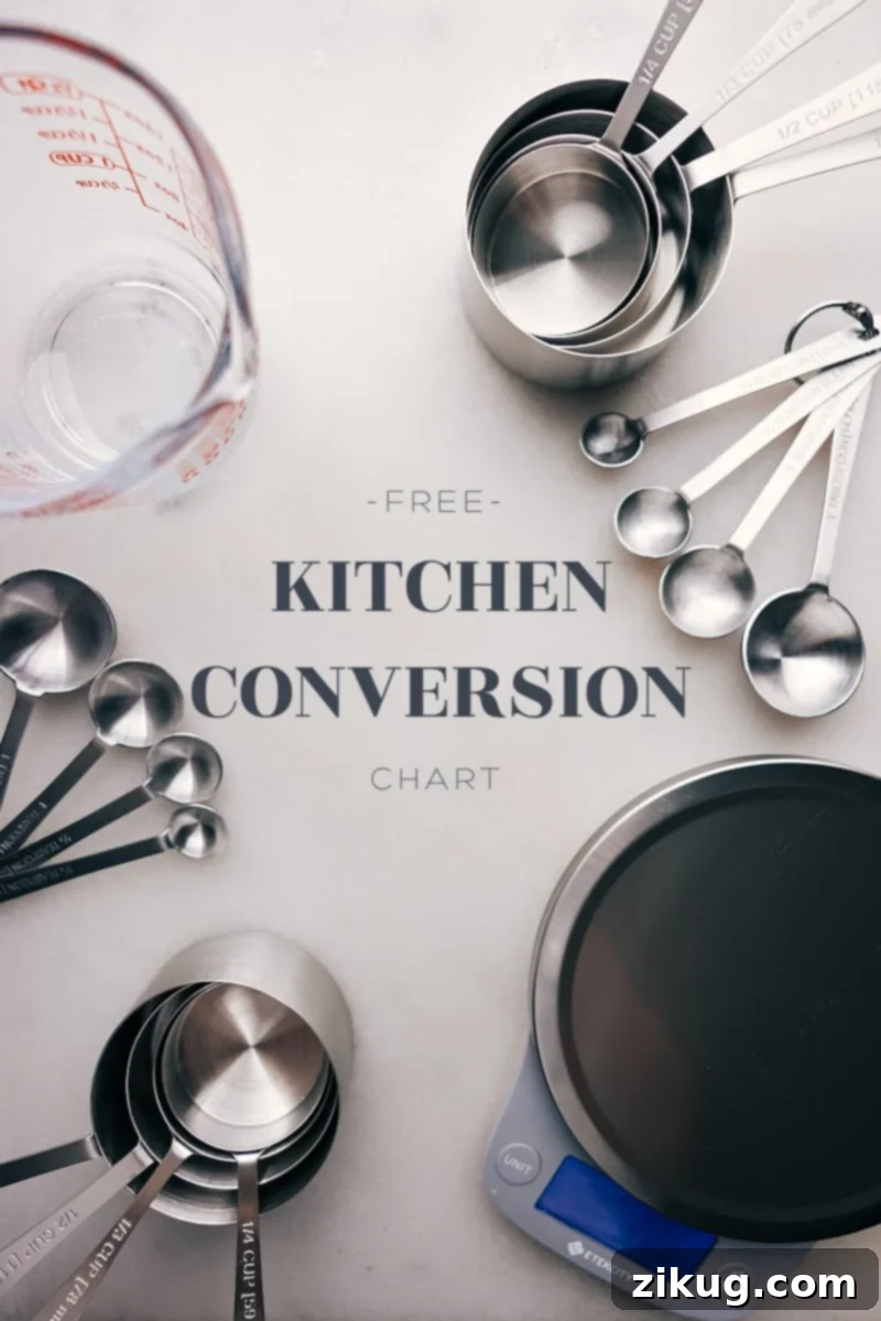Overhead view of a beautifully designed Kitchen Conversion Chart with various measurement conversions