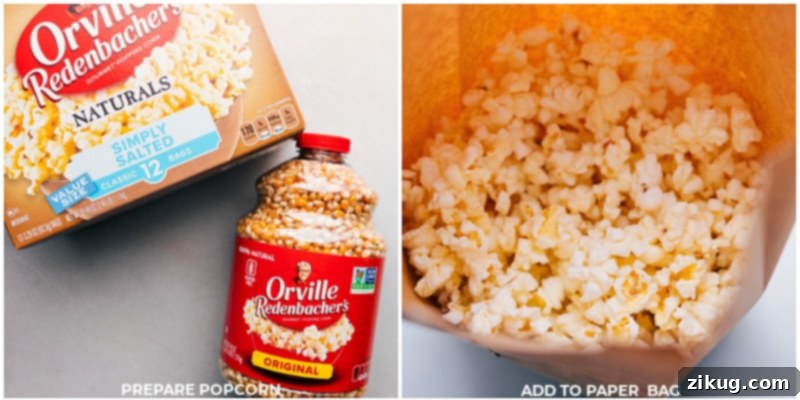 Skip watching the stove for precise temperatures–instead, make this treat in the microwave oven! Quick and Easy Microwave Caramel Corn is a delicious shortcut that yields the salty-sweet treat we all crave! Recipe via chelseasmessyapron.com #dessert #quick #easy #simple #familyfriendly #movienight #treats #microwave #caramelcorn Process shot showing popcorn kernels being popped in a paper bag inside a microwave, illustrating one method of preparing popcorn for caramel corn.