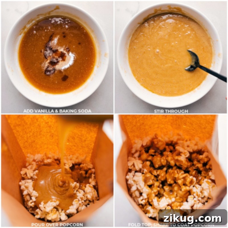 Quick and Easy Microwave Caramel Corn is a delicious shortcut that yields the salty-sweet treat we all crave! Recipe via chelseasmessyapron.com #dessert #quick #easy #simple #familyfriendly #movienight #treats #microwave #caramelcorn Process shots demonstrating the pouring of hot caramel sauce over popped popcorn in a brown paper bag, followed by shaking to coat.