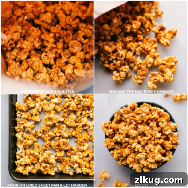 Make caramel corn the easy way! Quick and Easy Microwave Caramel Corn is a delicious shortcut that yields the salty-sweet treat we all crave! Recipe via chelseasmessyapron.com #dessert #quick #easy #simple #familyfriendly #movienight #treats #microwave #caramelcorn Process shots showing the caramel corn cooling on a lined baking sheet and then being enjoyed from a bowl, highlighting the finished product.