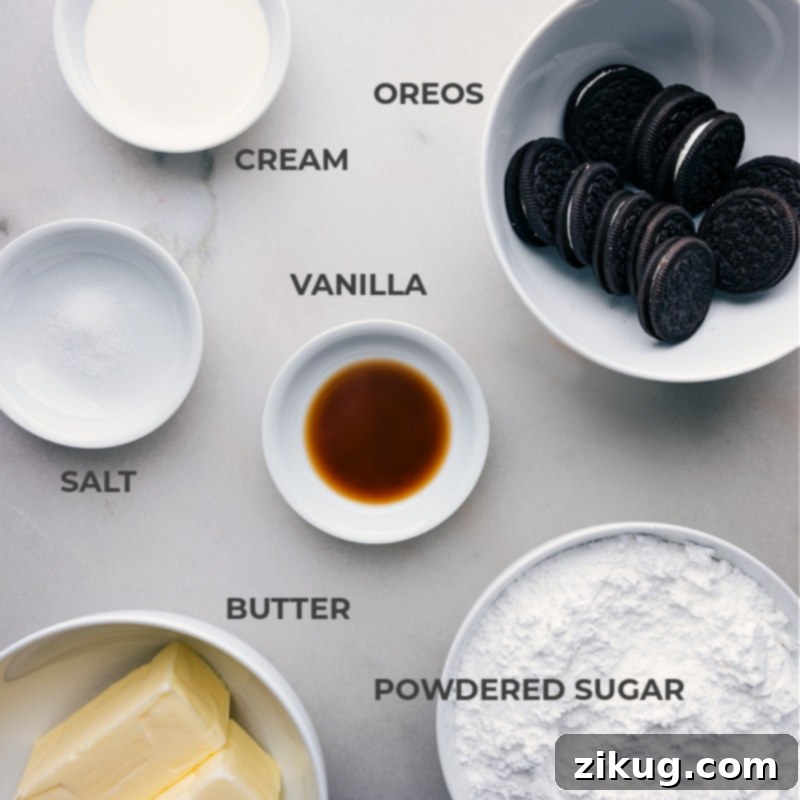 A clear image showcasing all the fresh, high-quality ingredients laid out for making the ultimate creamy Oreo Frosting from scratch.