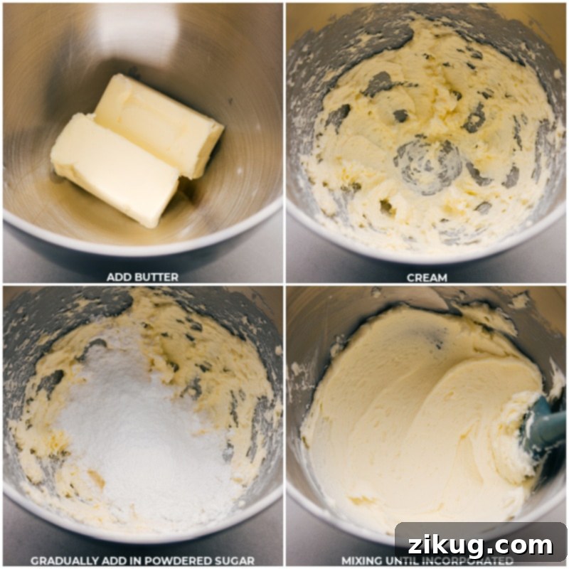 Sequential process photos illustrating the initial stages of making Oreo frosting: creaming softened butter and slowly incorporating powdered sugar.