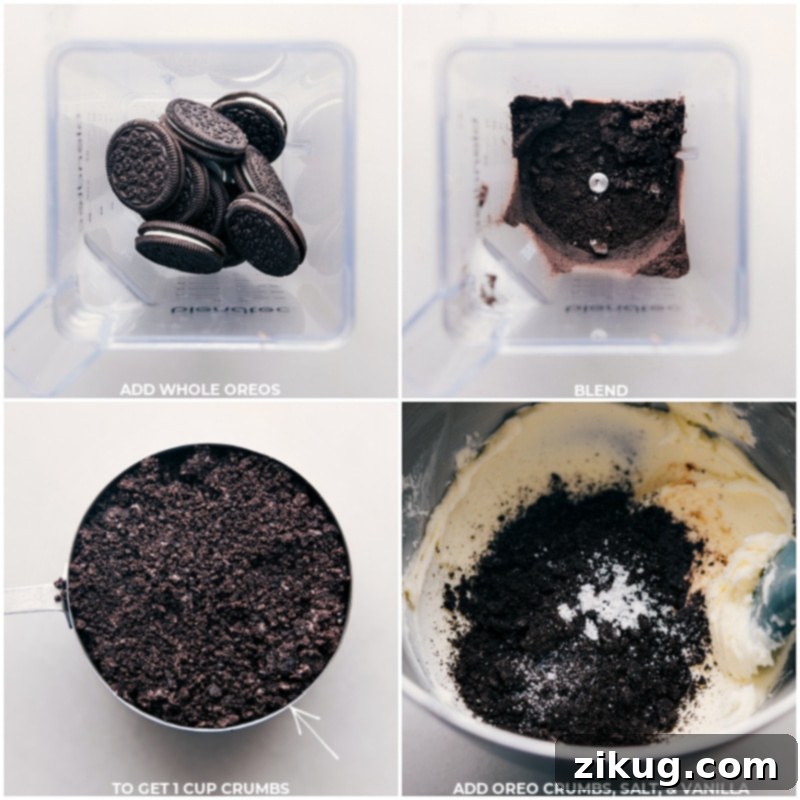 Close-up process shots showing the addition of fine Oreo crumbs, pure vanilla extract, and a pinch of salt into the creamy frosting base.