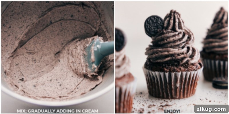Two images: one showcasing a bowl filled with the smooth, creamy Oreo Frosting, and another featuring a cupcake lavishly topped with the frosting and an Oreo piece.
