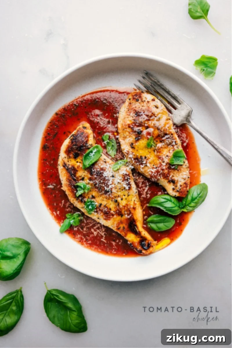 Classic Italian flavors, quick and easy, and very nutritious–this Tomato-Basil Chicken fits the bill! Marinated chicken simmered with a flavorful sauce proves that simple things can be just as delicious as the fancy meals! Recipe via chelseasmessyapron #dinner #quick #easy #familyfriendly #kidfriendly #lowcarb #healthy #mealprep #tomatobasil #chicken Overhead image of Tomato-Basil Chicken served with fresh basil
