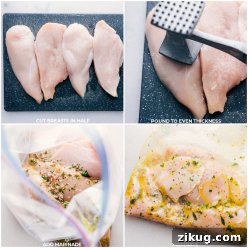 Classic Italian flavors, quick and easy, and very nutritious–this Tomato-Basil Chicken fits the bill! Marinated chicken simmered with a flavorful sauce proves that simple things can be just as delicious as the fancy meals! Recipe via chelseasmessyapron #dinner #quick #easy #familyfriendly #kidfriendly #lowcarb #healthy #mealprep #tomatobasil #chicken Process shots of Tomato-Basil Chicken - images of the chicken being prepped and marinated
