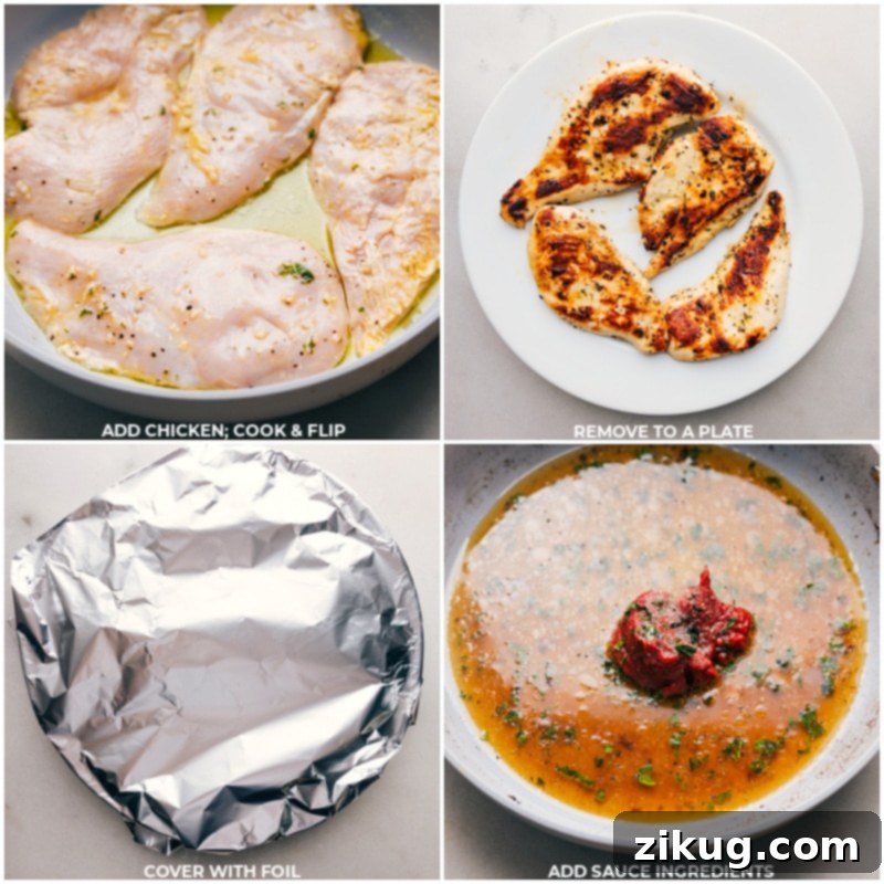 Our families favorite Tomato-Basil Chicken! Marinated chicken simmered with a flavorful sauce proves that simple things can be just as delicious as the fancy meals! Recipe via chelseasmessyapron #dinner #quick #easy #familyfriendly #kidfriendly #lowcarb #healthy #mealprep #tomatobasil #chicken Process shots - images of the chicken being cooked and the sauce ingredients being mixed together for Tomato Basil Chicken