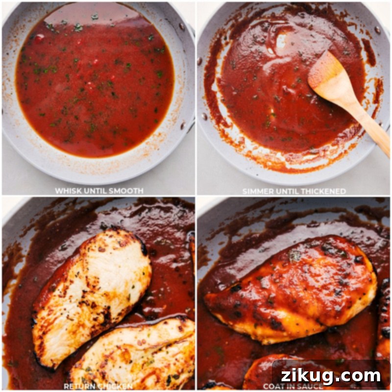 Nutritious and delicious Tomato-Basil Chicken! Marinated chicken simmered with a flavorful sauce proves that simple things can be just as delicious as the fancy meals! Recipe via chelseasmessyapron #dinner #quick #easy #familyfriendly #kidfriendly #lowcarb #healthy #mealprep #tomatobasil #chicken Process shots of Tomato Basil Chicken - images of the tomato basil sauce being simmered and the chicken being added in