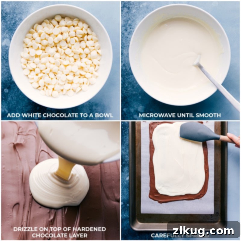 This 4th of July Bark Recipe is the perfect patriotic treat! This dessert is so tasty and with only four ingredients and no baking required?! Recipe via ChelseasMessyApron #festive #chocolate #whitechocolate #m&ms #sprinkles #dessert #treat #fourthofjuly #bark Process shots: melting the white chocolate and adding it to the milk chocolate layer, followed by topping with M&Ms and sprinkles.