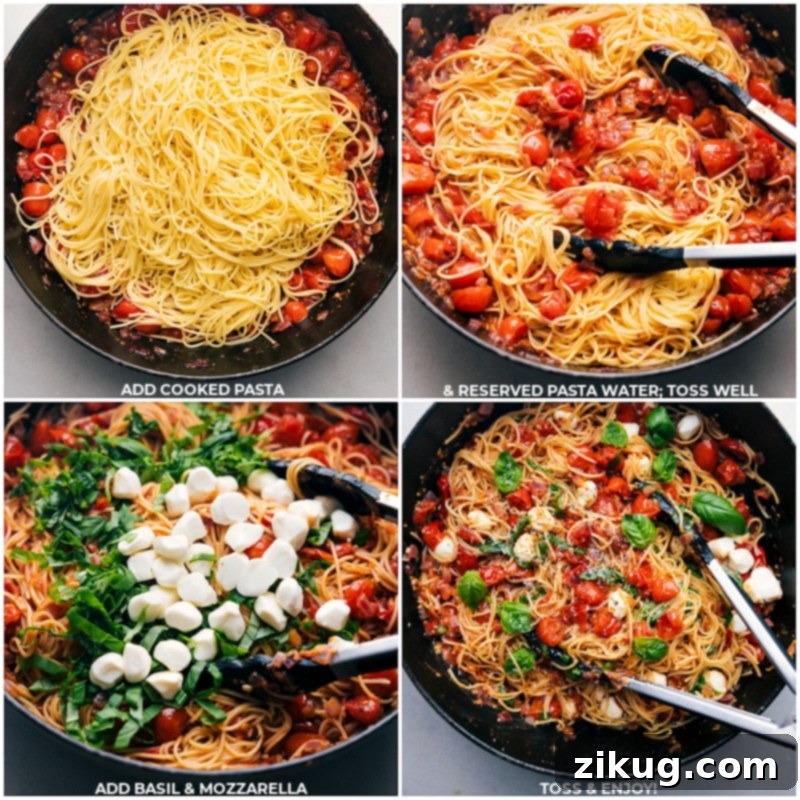 This insanely delicious Caprese Pasta begins with a sauce combining sweet cherry tomatoes, onions, and a hint of garlic. Balsamic vinegar and honey add a tangy-sweet kick while angel hair pasta, fresh basil, and creamy mozzarella finish off this comforting and delicious Italian-inspired dish. Recipe via chelseasmessyapron #dinner #quick #easy #simple #familyfriendly #kidfriendly #comfortfood #tomatoes #basil #pesto #caprese #pasta Cooked angel hair pasta, vibrant green fresh basil ribbons, and creamy mozzarella pearls being added into a pan with the cooked cherry tomato and onion sauce.