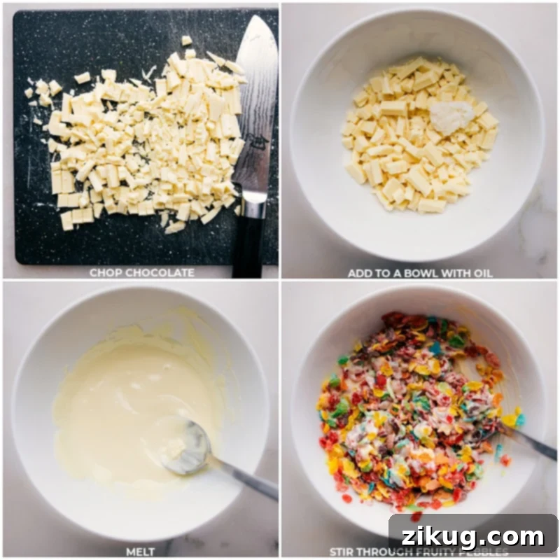 Process shots of Fruity Pebble Crunch Candy showing chopped white chocolate, melted chocolate, and Fruity Pebbles being stirred into the chocolate.