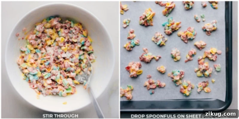 Process shots of Fruity Pebble Crunch Candy being scooped onto a parchment-lined tray to chill.