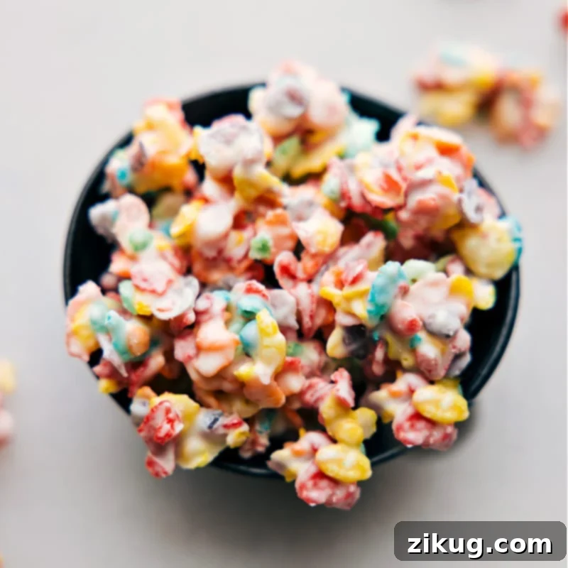 Overhead image of the Fruity Pebble Crunch Candy in a decorative bowl, ready to be served and enjoyed.