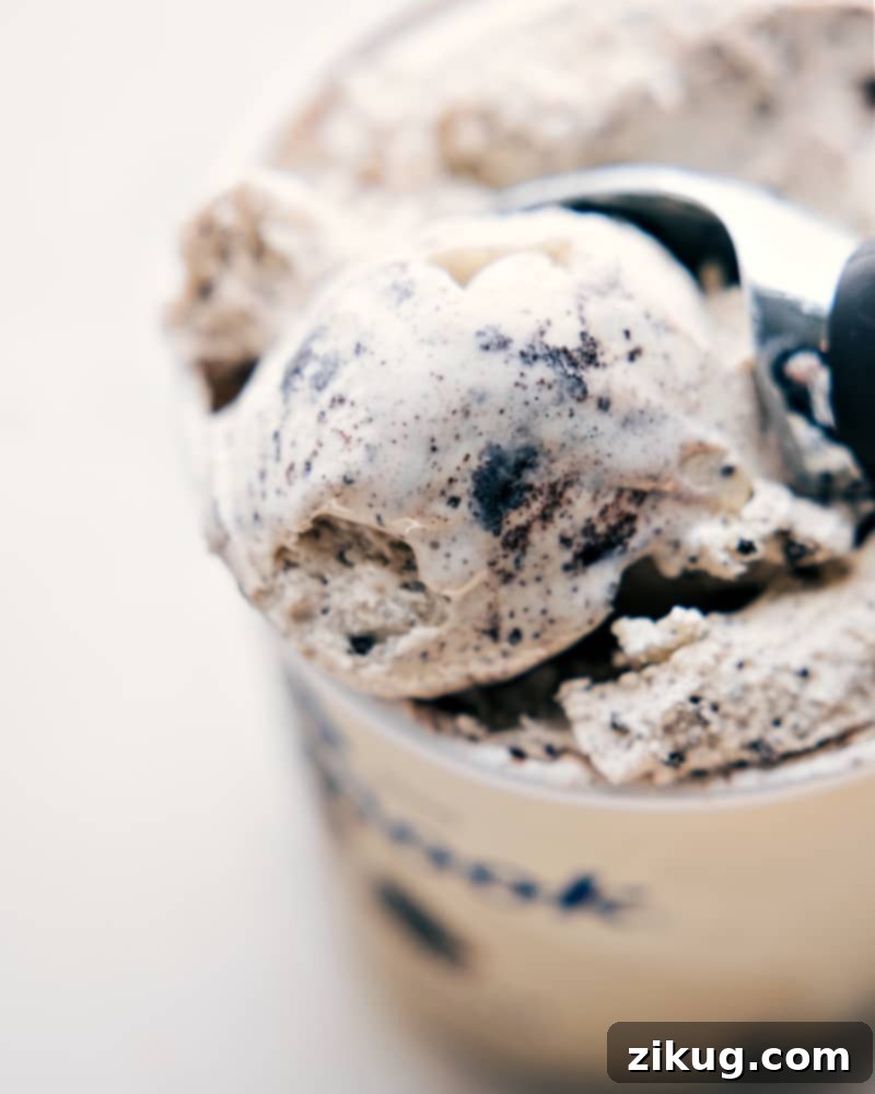 Premium Cookies and Cream Ice Cream Overhead shot of high-quality cookies and cream ice cream, the secret ingredient for the perfect Oreo milkshake.