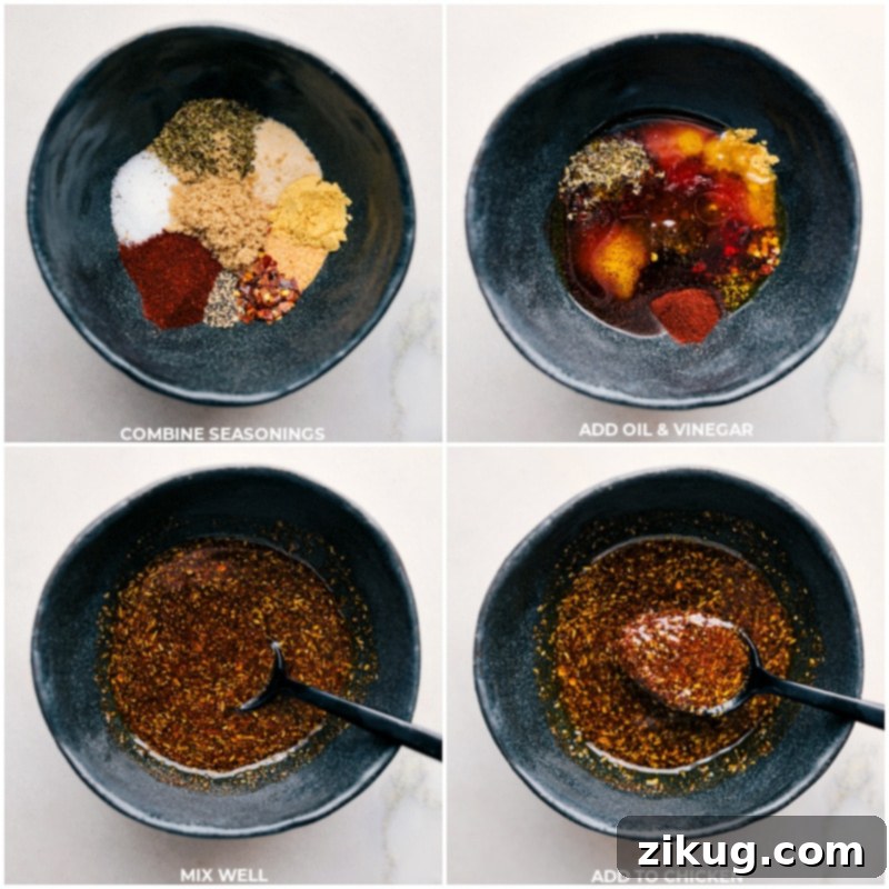 The process of assembling and combining all the aromatic ingredients for the chicken rub recipe in a bowl.