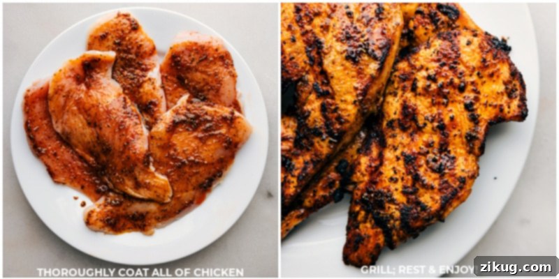 A sequence showing chicken being seasoned with the rub, followed by perfectly grilled chicken ready to be served.