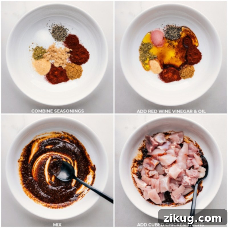 Process shots showing the spice marinade being prepared and then mixed with cubed chicken thighs in a bowl