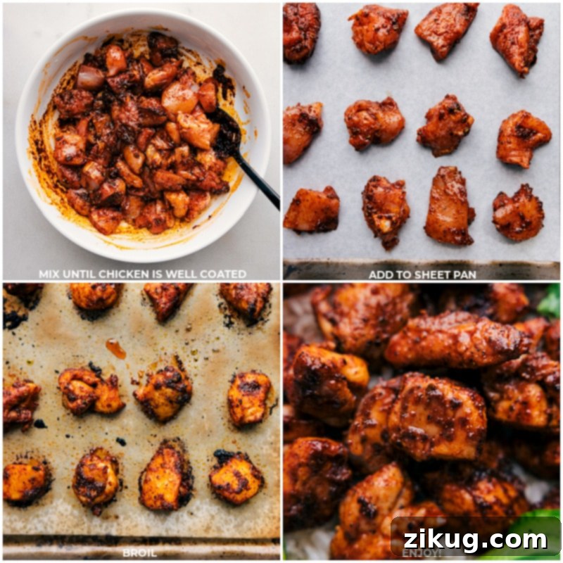 Process shots of Chipotle Chicken showing seasoned chicken pieces spread evenly on a sheet pan before and after broiling